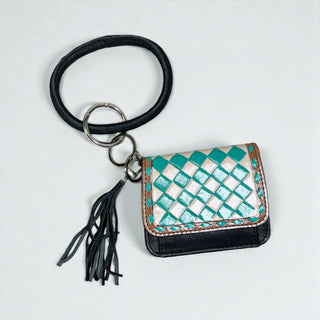 Turquoise checker tooled leather wristlet