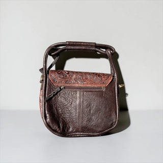 Brown tooled leather & cowhide shoulder bag