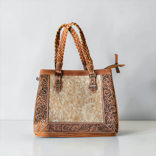 Tan cowhide & tooled leather cowhide shoulder bag