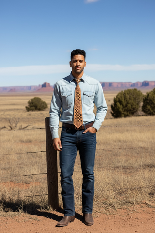 Brown Checker floral tooled leather tie