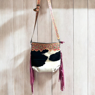 Pink Tooled leather & cowhide fringe crossbody bag