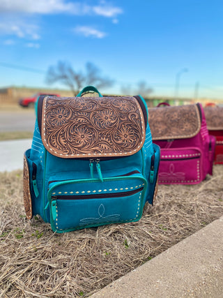 Turquoise BootStitch Suede Leather & Tooled Backpack