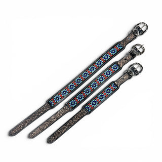Red Aztec tooled leather dog collar