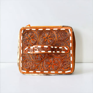 Tan tooled leather & cowhide makeup box