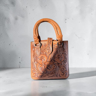 Tan tooled leather & cowhide crossbody bag