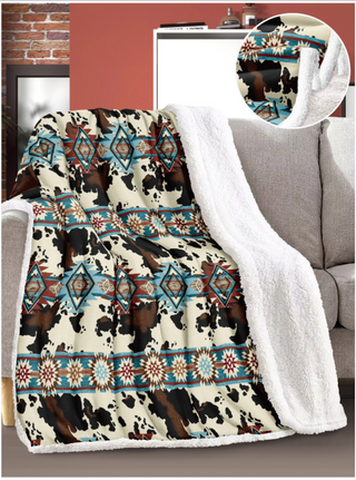 Aztec & Cowprint Inspired Sherpa Throw Blanket - Queen Size