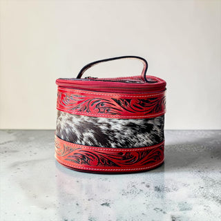 Red tooled leather & cowhide jewelry box