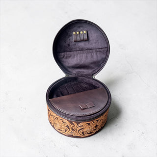All tooled leather round jewelry box