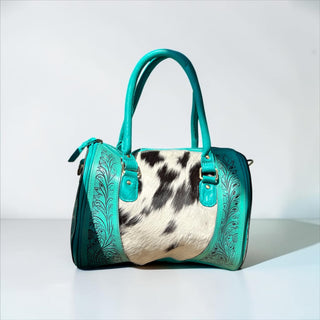 Turquoise tooled leather & cowhide speedy bag