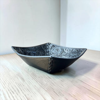 Black floral tooled leather bowl