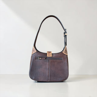 Tan tooled leather & cowhide shoulder bag
