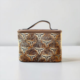 Longhorn embossed leather makeup bag