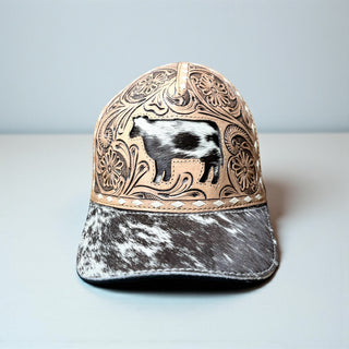 Tooled leather & cowhide cap