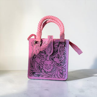 Pink tooled leather & cowhide crossbody bag