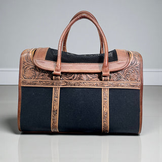 Tan tooled leather pet carrier