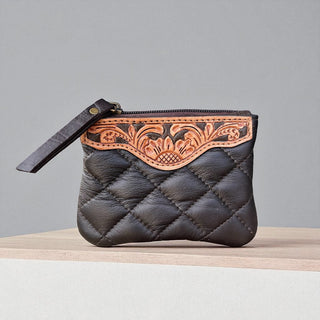 Brown tooled leather coin pouch