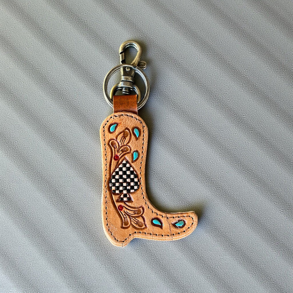 Ace boot tooled leather & cowhide keychain – Western Linens