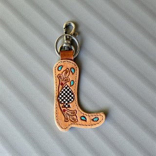 Ace boot tooled leather & cowhide keychain