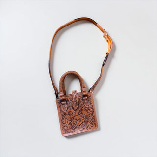 Tan tooled leather & cowhide crossbody bag
