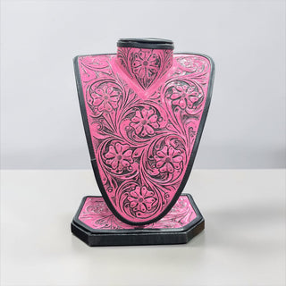 Pink all tooled leather necklace display