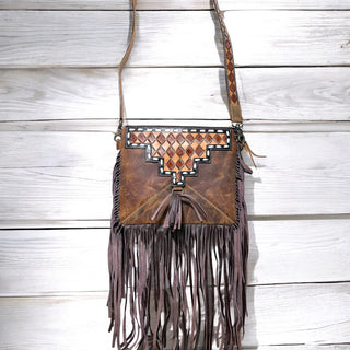 Brown checker leather fringe crossbody bag