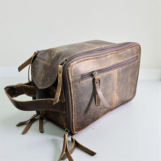 Brown leather toiletry bag