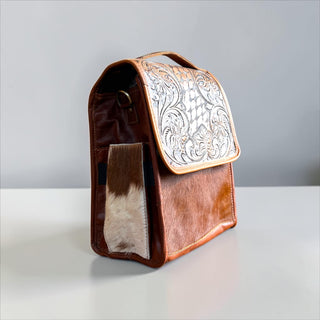 Cowhide & tooled leather lunch bag