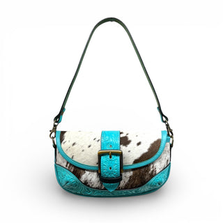 Turquoise tooled leather & cowhide shoulder bag