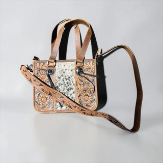 Tan/black tooled leather & cowhide shoulder bag
