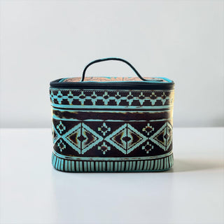 Turquoise Aztec embossed leather makeup bag