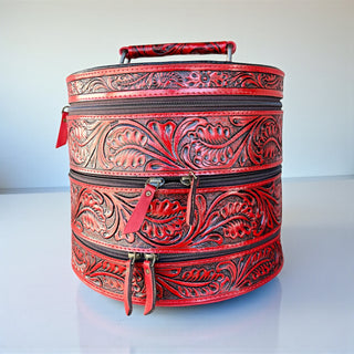 Red tooled leather jewelry box