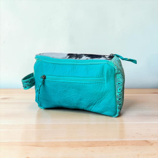 Turquoise cowhide & leather makeup bag