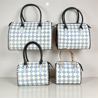 Gray checker tooled leather speedy bag