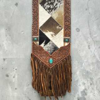 Brown tooled leather & cowhide table runner