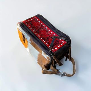 Red tooled leather & cowhide toiletry bag