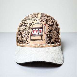 777 tooled leather & cowhide cap