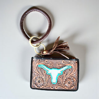turquoise Longhorn tooled & cowhide wristlet