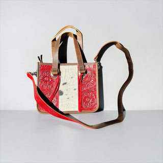 Red tooled leather & cowhide shoulder bag
