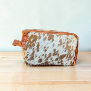 Tan cowhide & leather makeup bag
