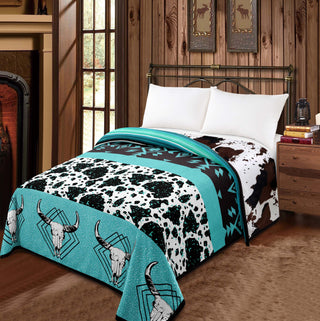 Skulls Turquoise - Cowprint Mia Reversible 2 Design Blanket