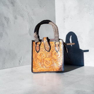 Brown tooled leather & cowhide crossbody bag