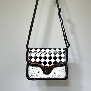 Checker tooled leather & cowhide crossbody bag
