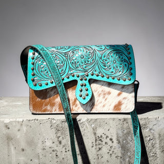 Alia turquoise tooled leather and cowhide crossbody bag