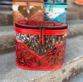 Red Cowhide Tooled Leather Makeup Box