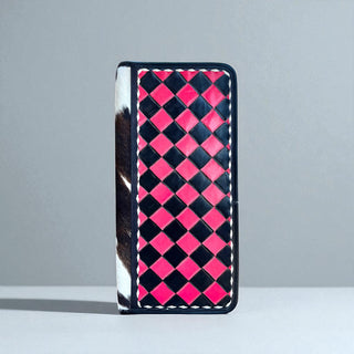 Pink checker tooled leather & cowhide jewelry wallet