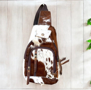 Brown/white all cowhide sling bag