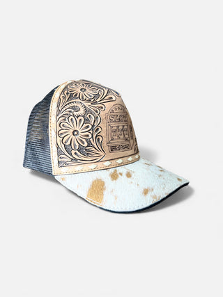 Jackpot tooled leather & cowhide cap