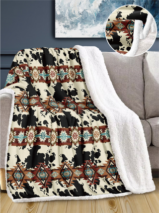 Aztec & Cowprint Inspired Sherpa Throw Blanket - Queen Size