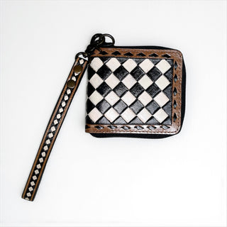 Checker tooled leather wristlet