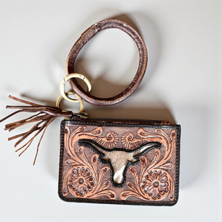 Black longhorn tooled & cowhide wristlet